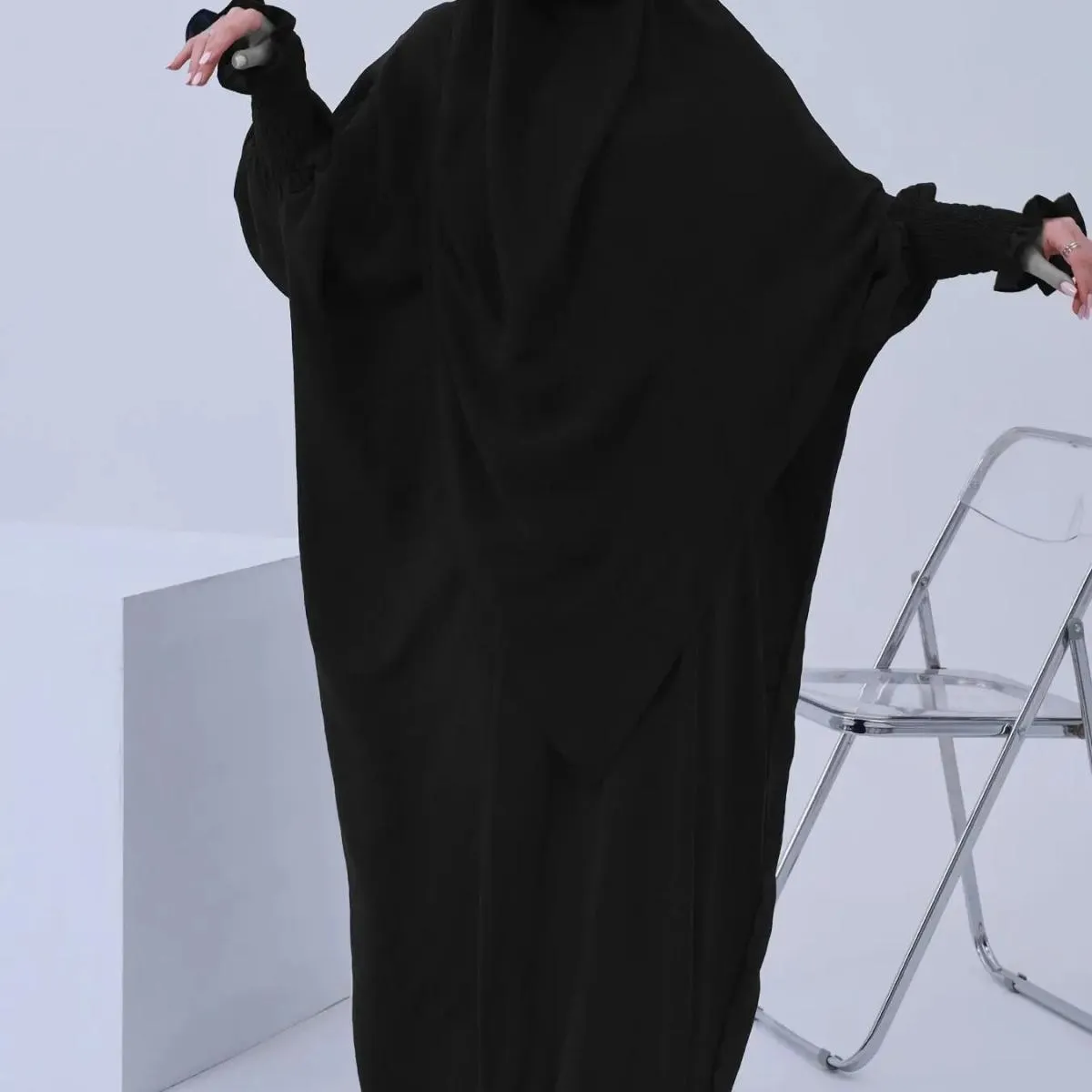 Abito da preghiera con maniche smock Abaya musulmano Abito da donna Jilbab Abbigliamento islamico Dubai Abito nero saudita Abito