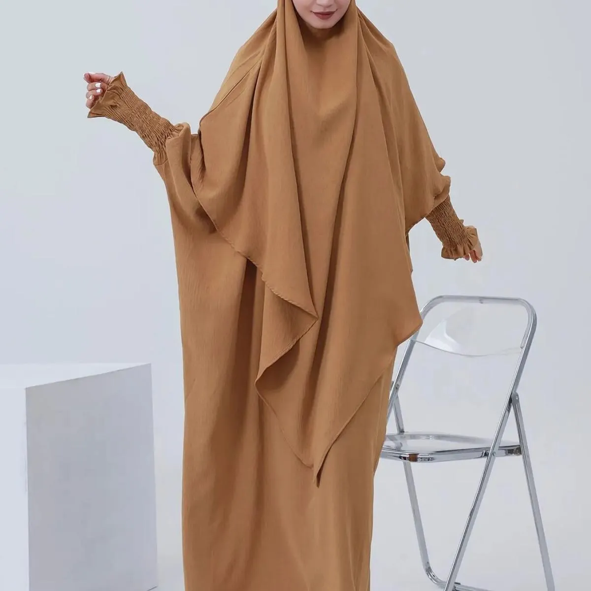 Abito da preghiera con maniche smock Abaya musulmano Abito da donna Jilbab Abbigliamento islamico Dubai Abito nero saudita Abito