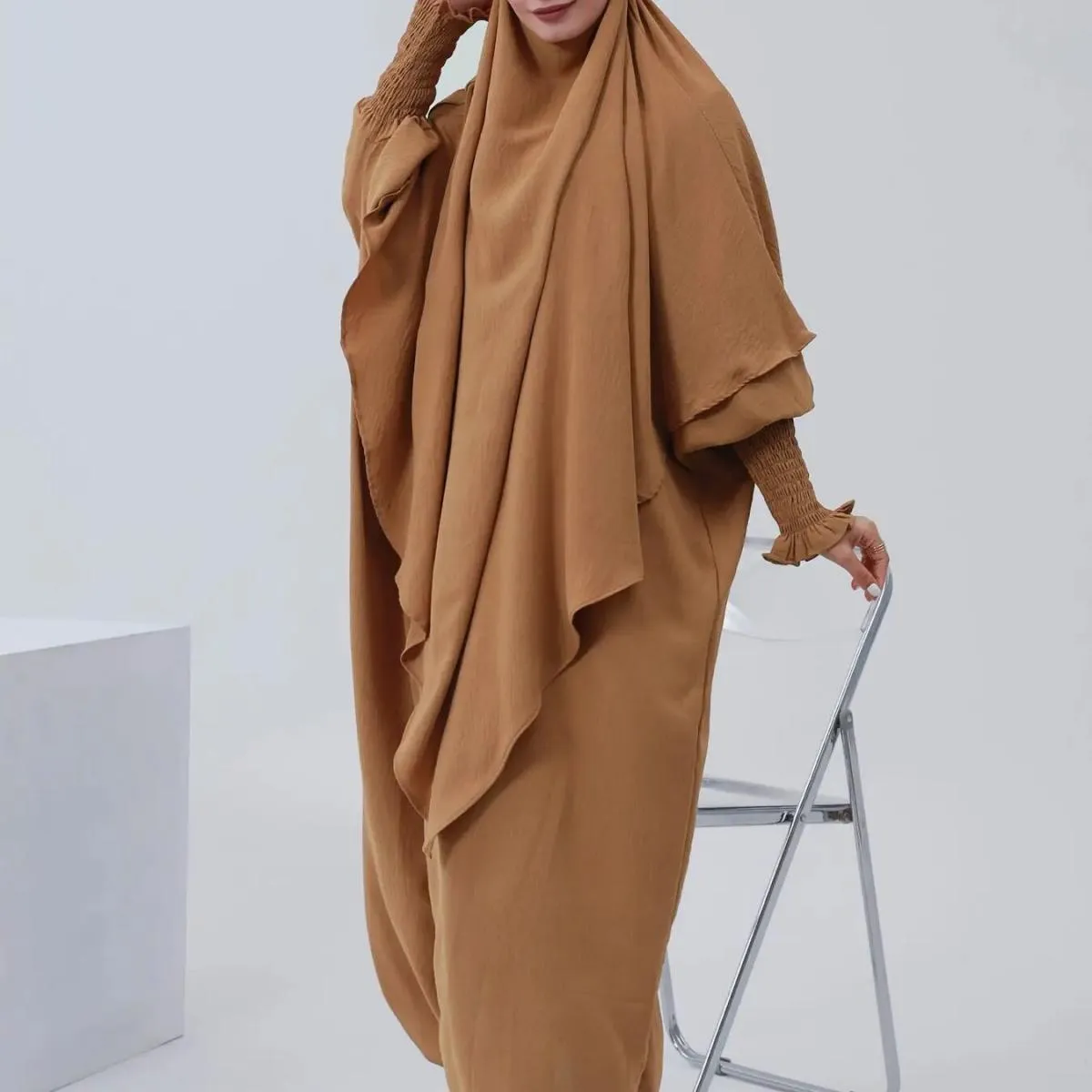 Abito da preghiera con maniche smock Abaya musulmano Abito da donna Jilbab Abbigliamento islamico Dubai Abito nero saudita Abito