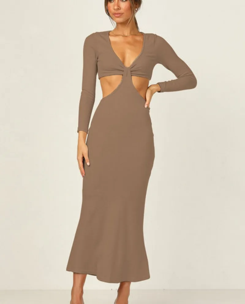 Autunno Elegante Maxi Vestito Da Donna Manica Lunga Scollo A V Scava Fuori Aderente Vestito Aderente Tinta Unita Abiti Casual Fe