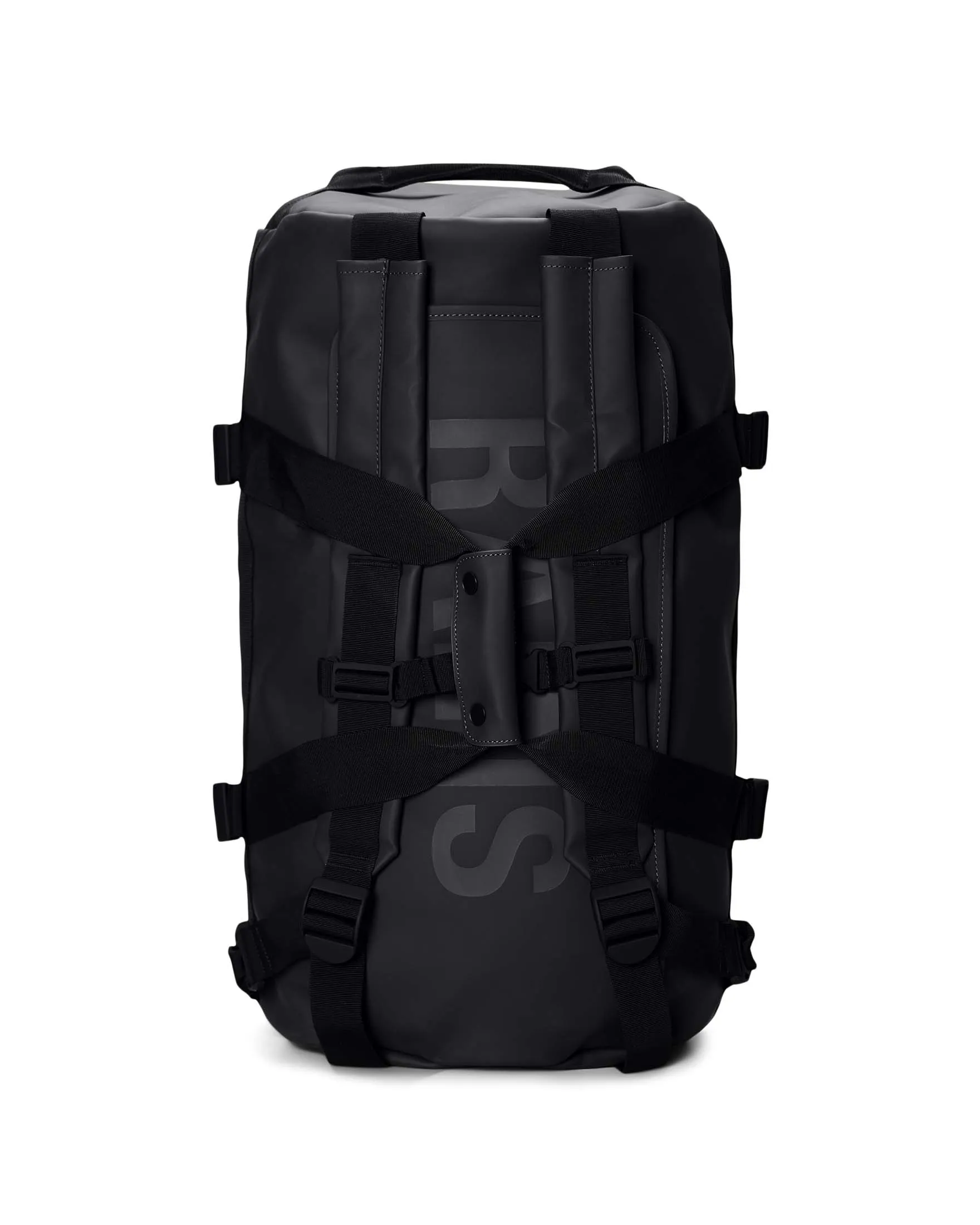 Borsone da viaggio Duffel Bag nero in tessuto tecnico impermeabile effetto gommato