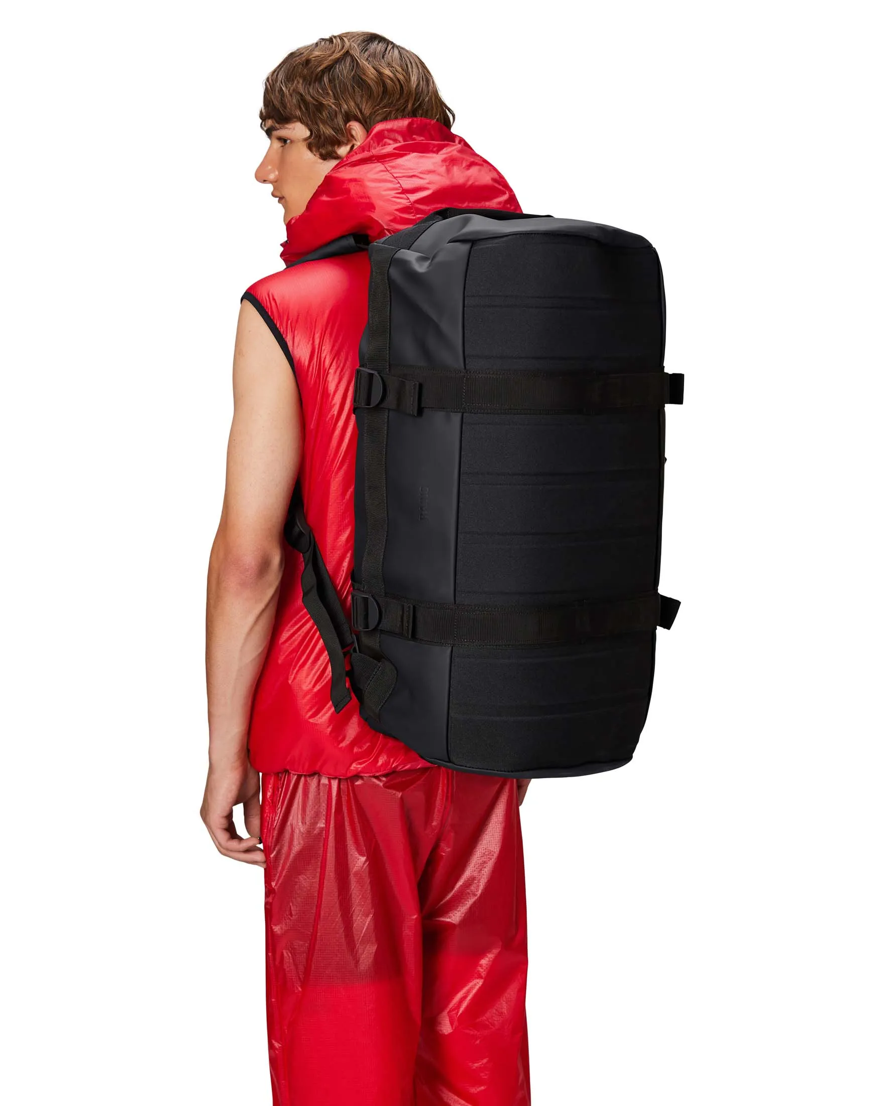 Borsone da viaggio Duffel Bag nero in tessuto tecnico impermeabile effetto gommato