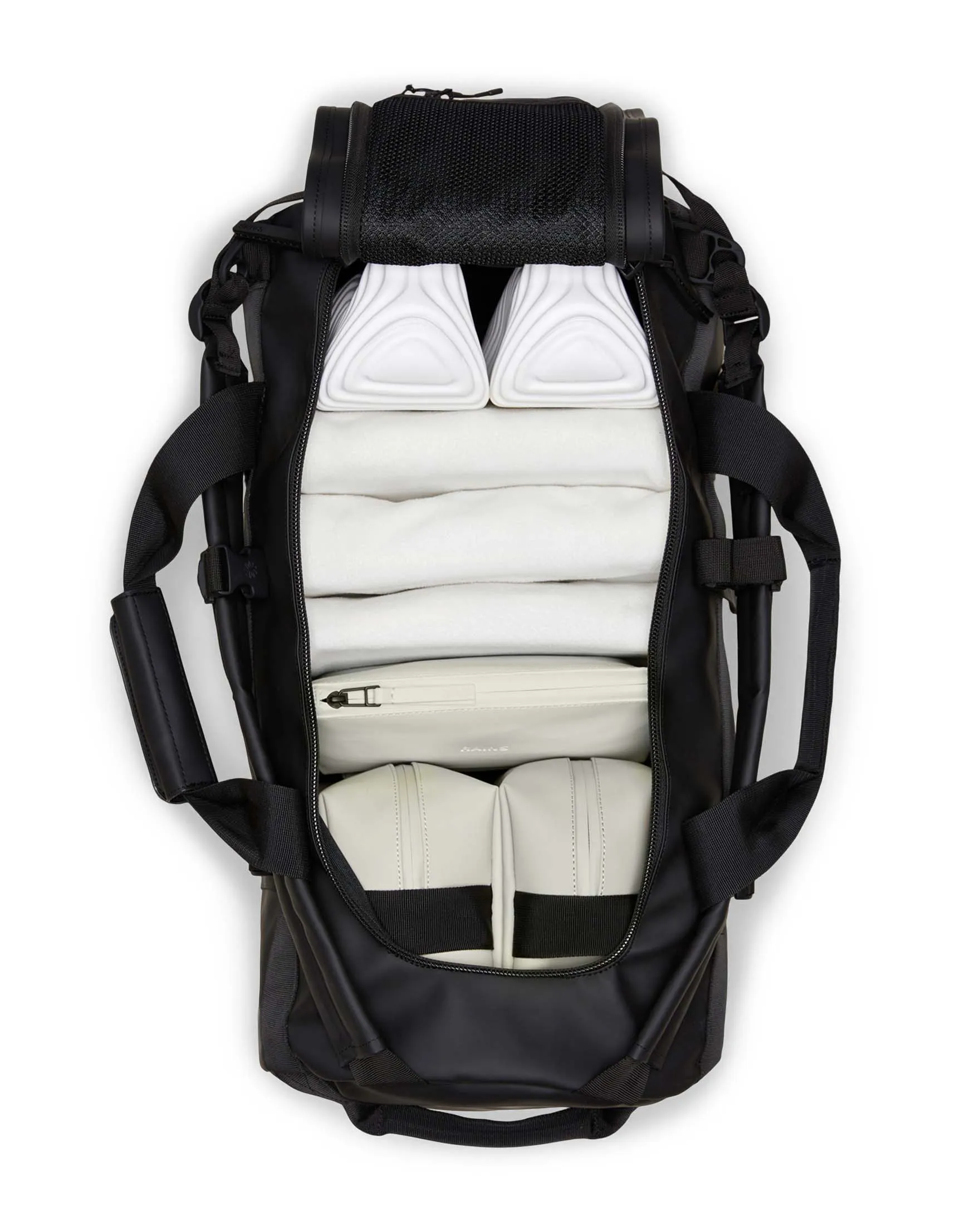 Borsone da viaggio Duffel Bag nero in tessuto tecnico impermeabile effetto gommato