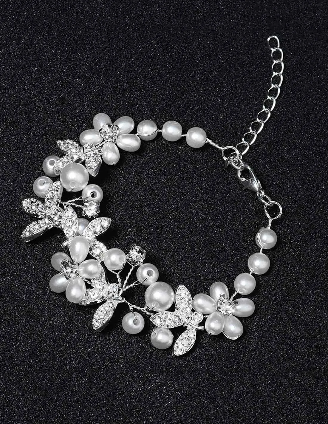 Bracciale polso sposa regolabile con perle e foglie argento