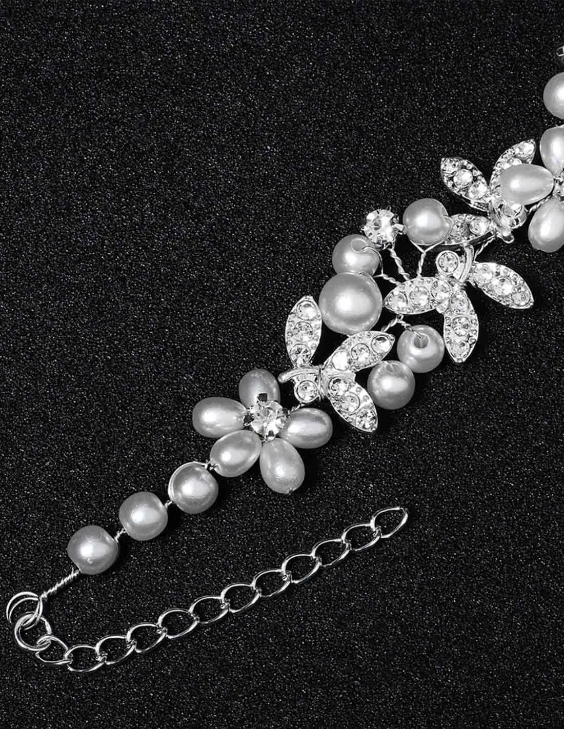 Bracciale polso sposa regolabile con perle e foglie argento