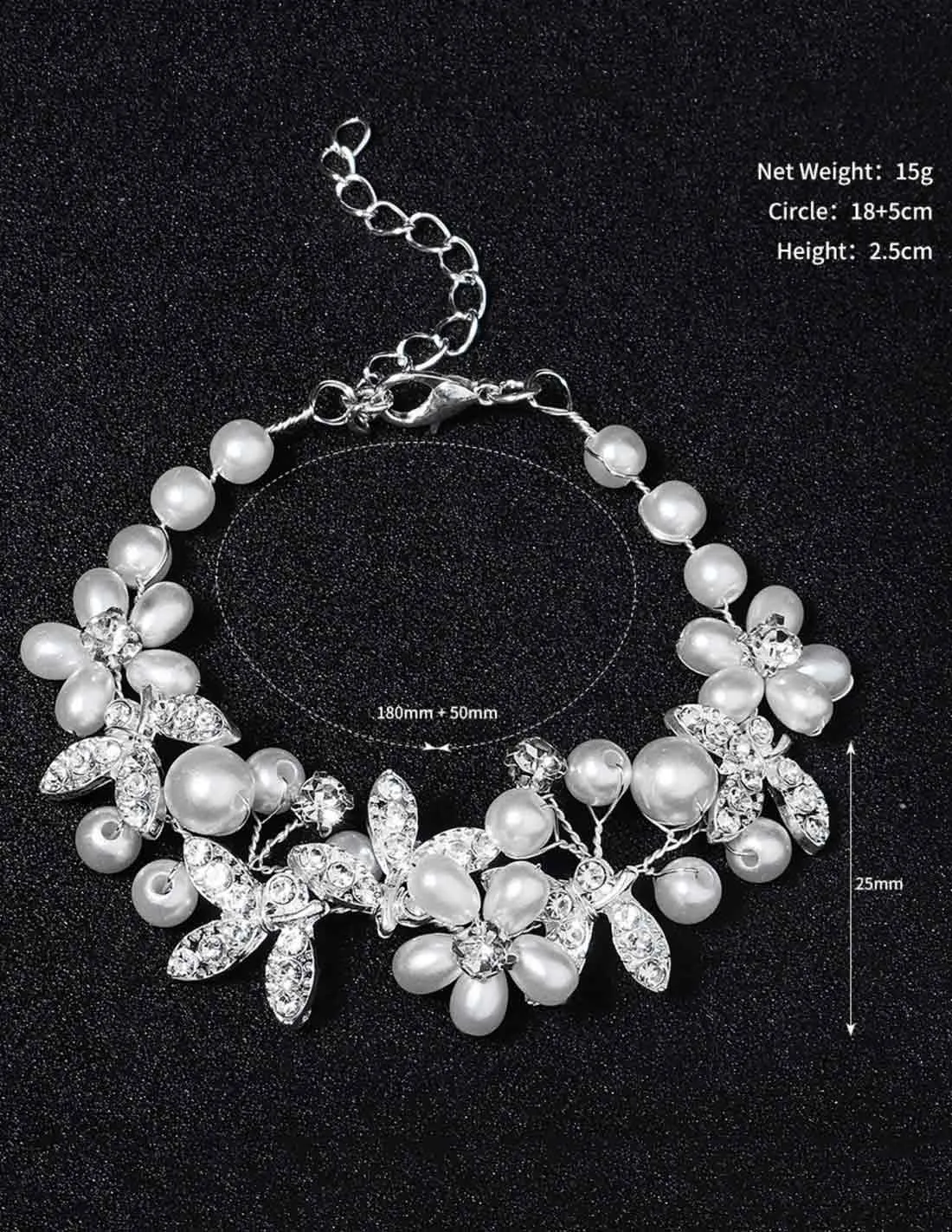 Bracciale polso sposa regolabile con perle e foglie argento