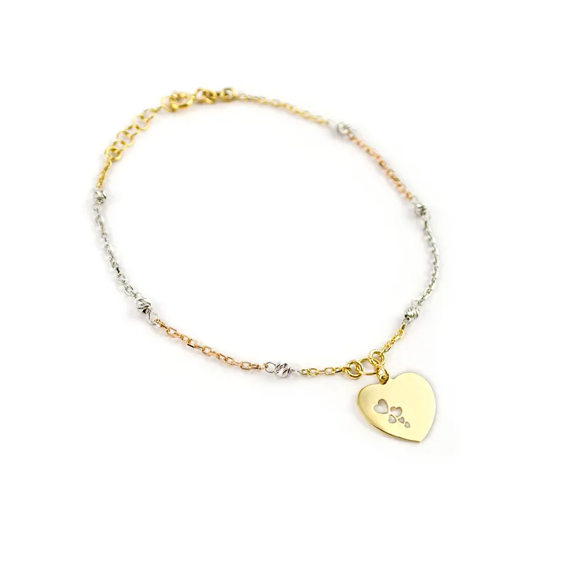 Bracciale tre colori con cuore in oro giallo