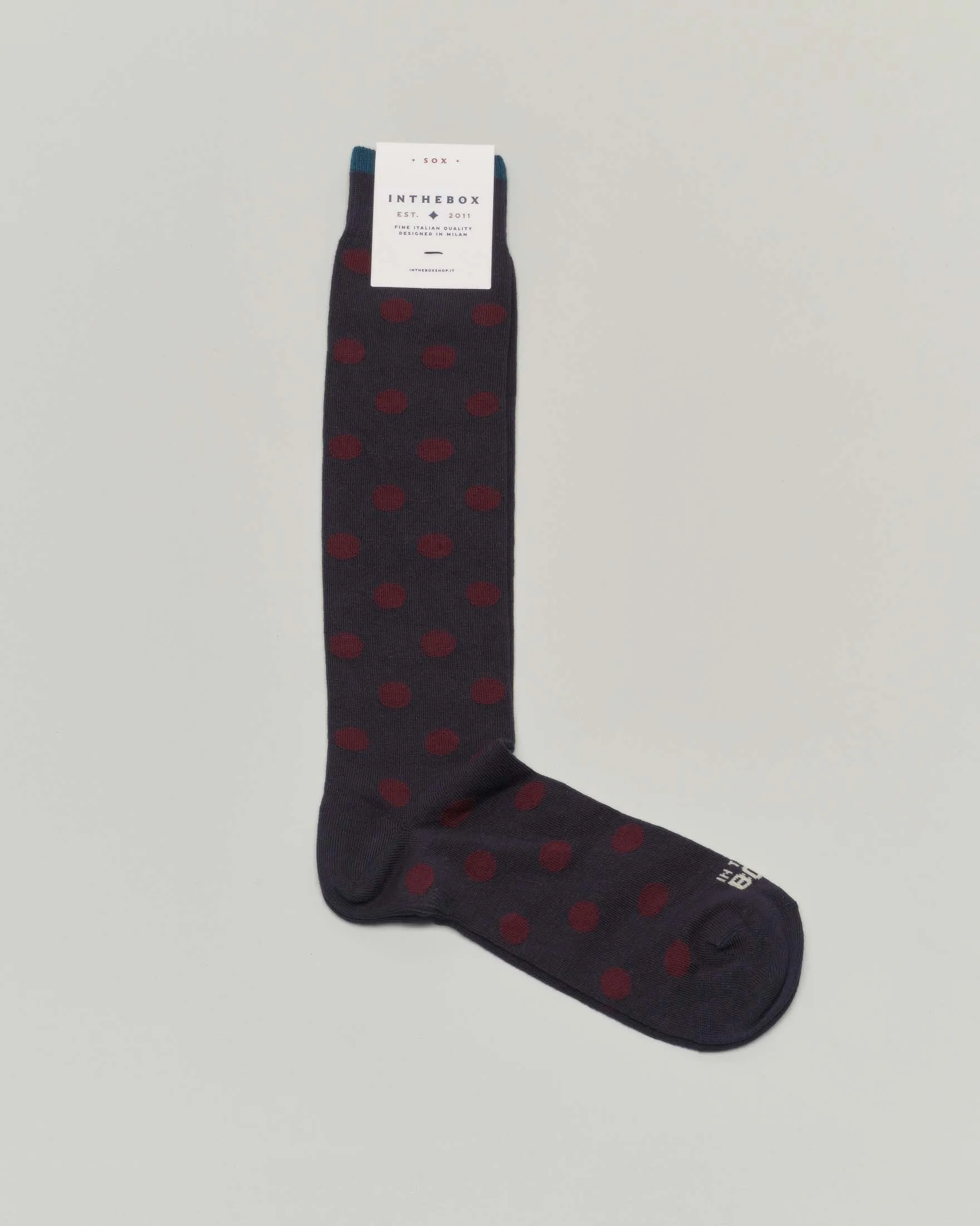 Calzino lungo blu in fantasia pois bordeaux