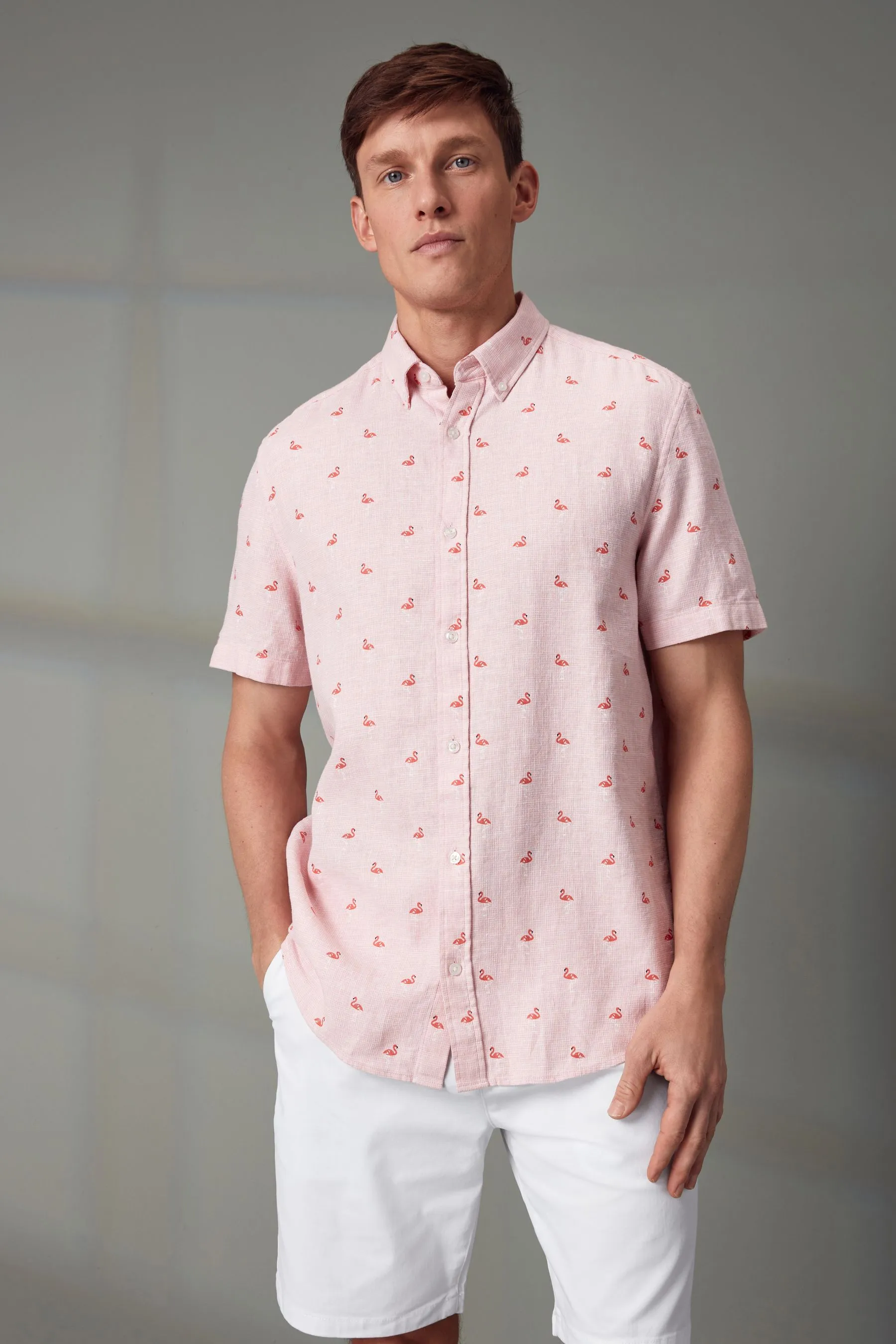 Camicia Maniche corte stampata in misto lino    