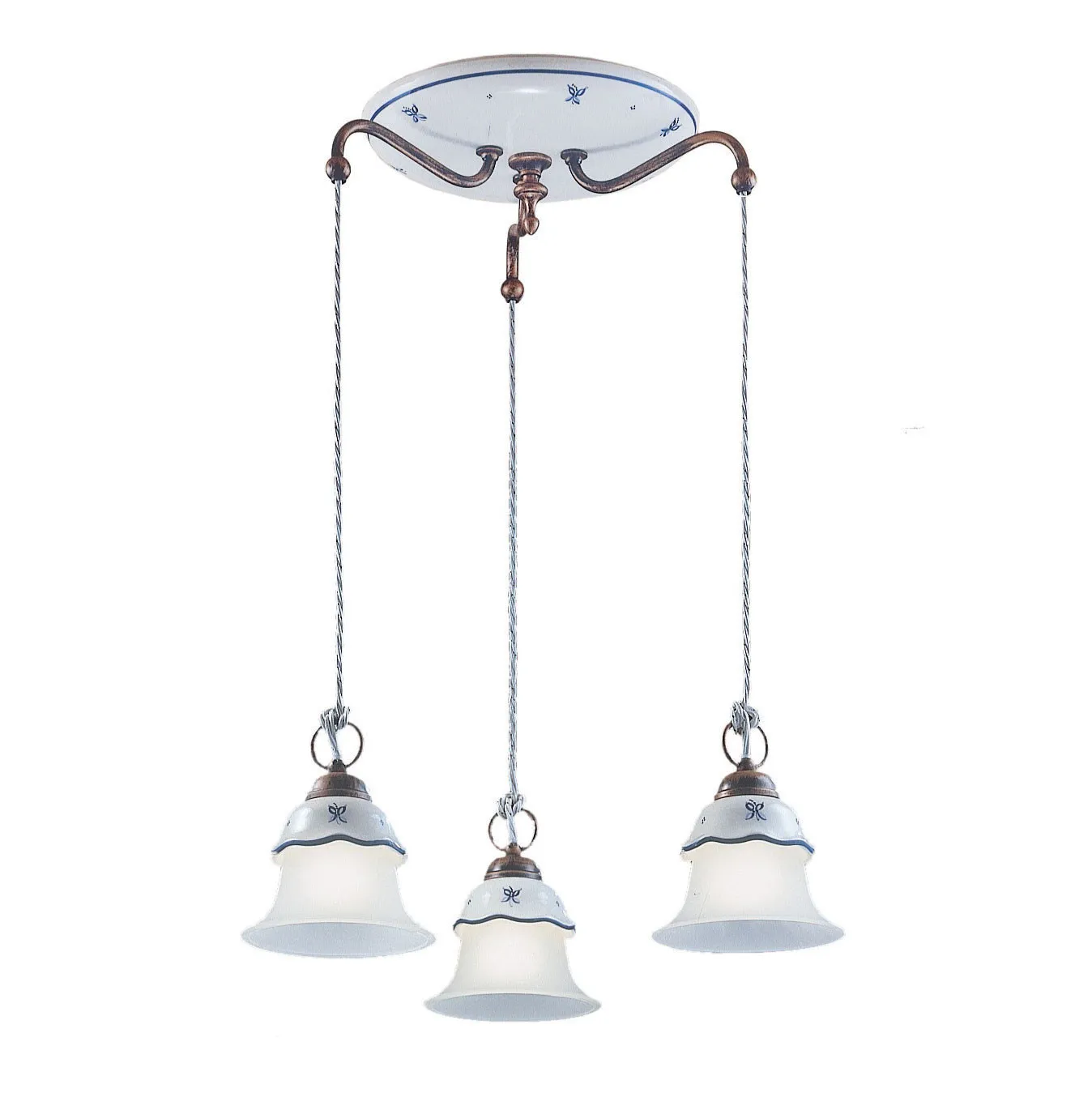 FerroLuce  Sospensione rustica in ceramica decorata a mano e 3 diffusore circolari in vetro Ferrara - 42W