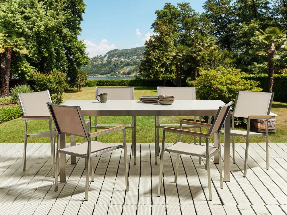 Garden Dining Set 6 Seater COSOLETO/GROSSETO Tempered Glass Marble Effect White/ Beige