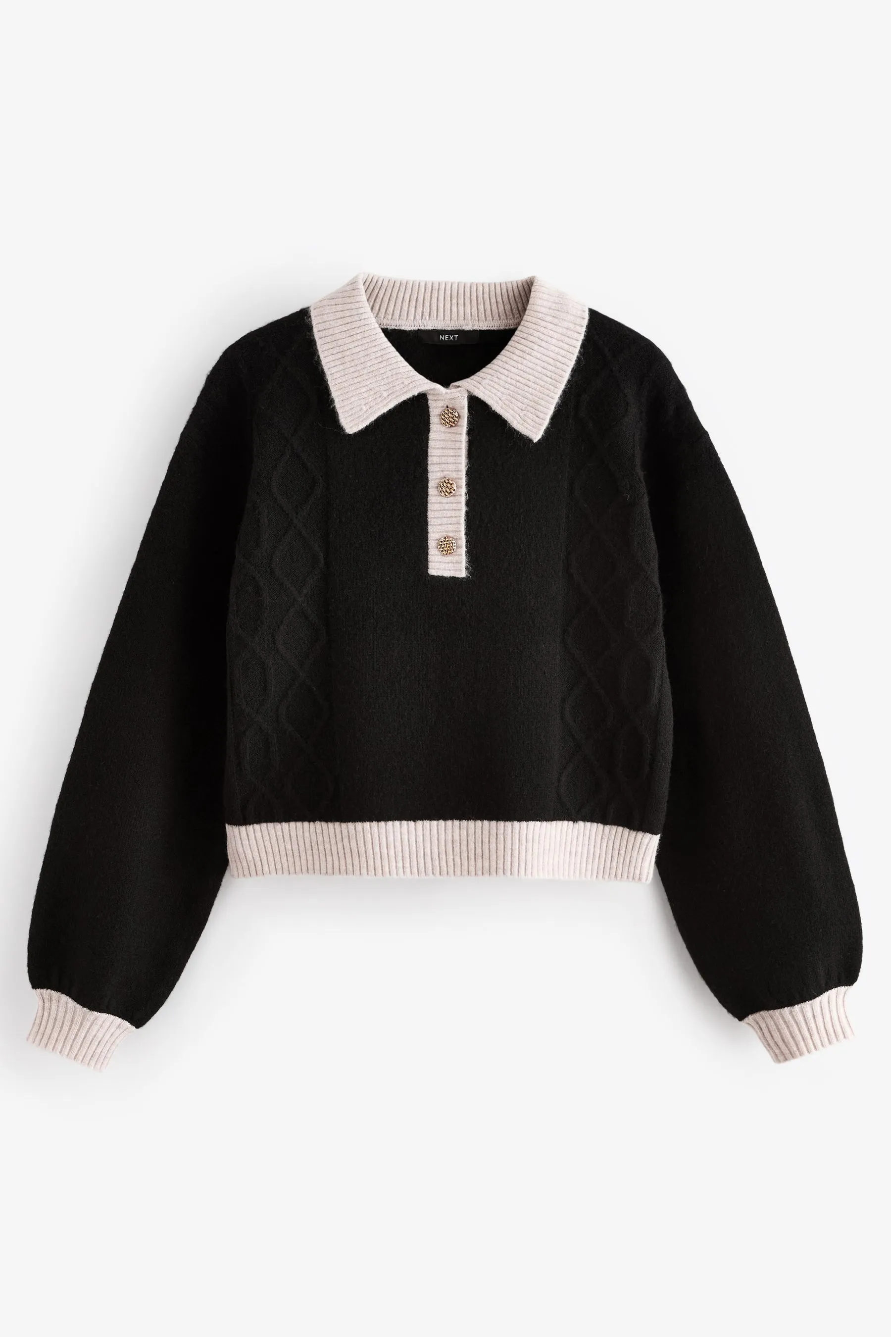 Gem Button Contrast Polo Collar Knitted Jumper    