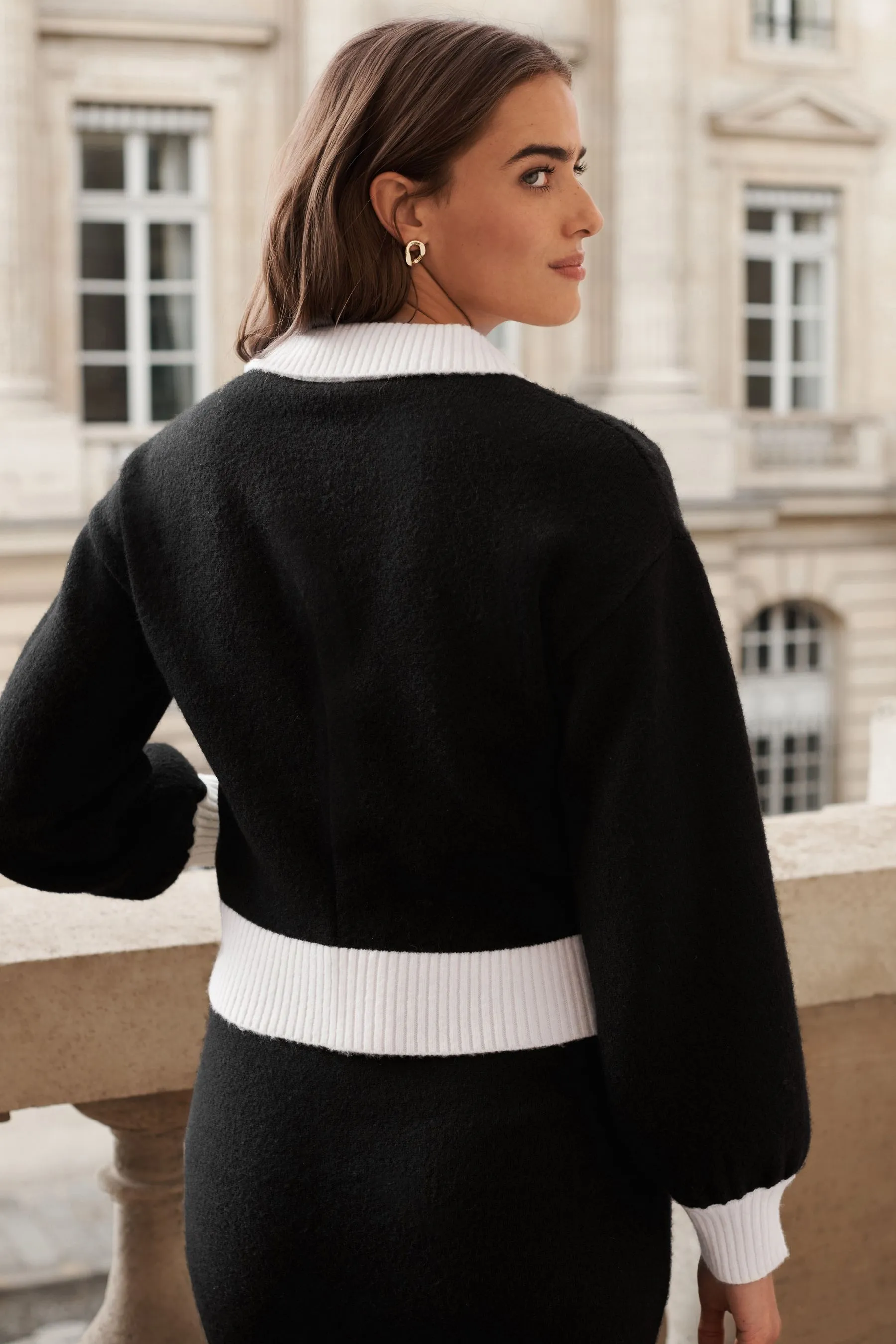 Gem Button Contrast Polo Collar Knitted Jumper    