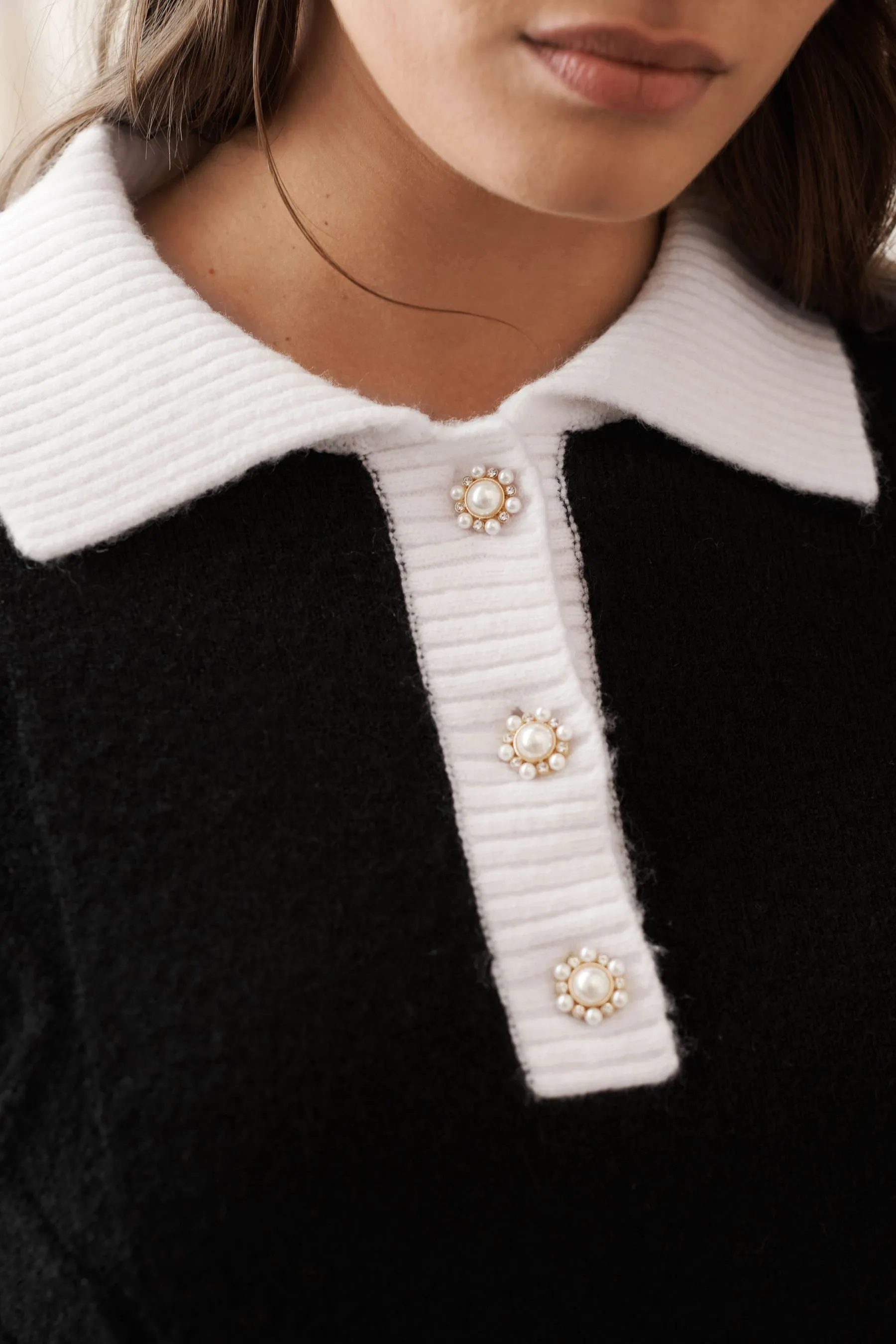 Gem Button Contrast Polo Collar Knitted Jumper    