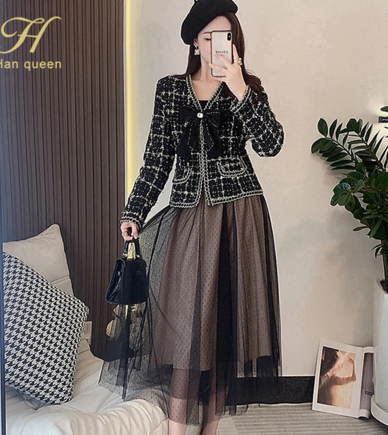 H Han Queen Elegante abito da ufficio in 2 pezzi da donna semplice giacca vintage francese e abiti in rete autunno inverno festa