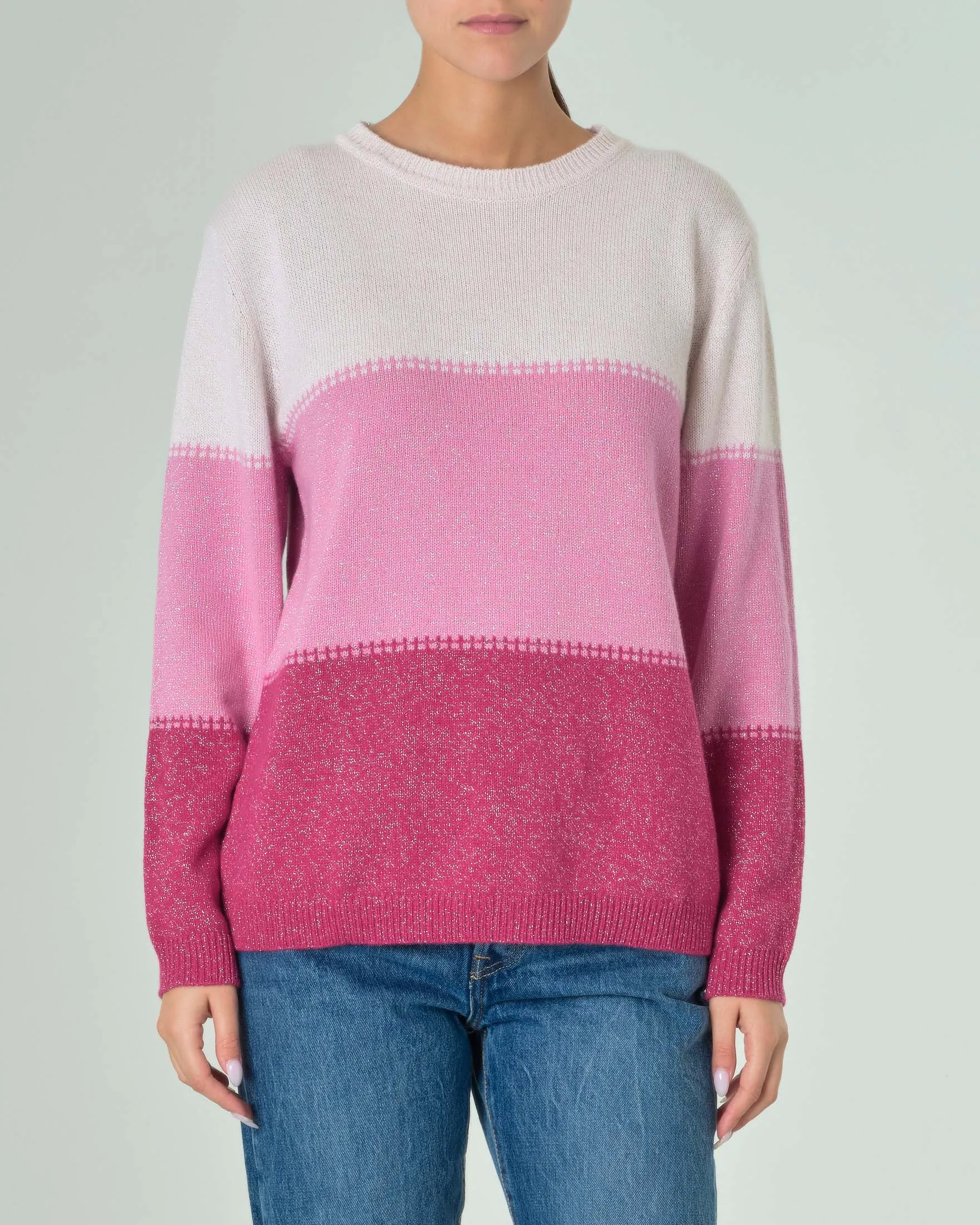 Maglia a blocchi di colore rosa cipria e fucsia in misto lana e cashmere con inserti in lurex
