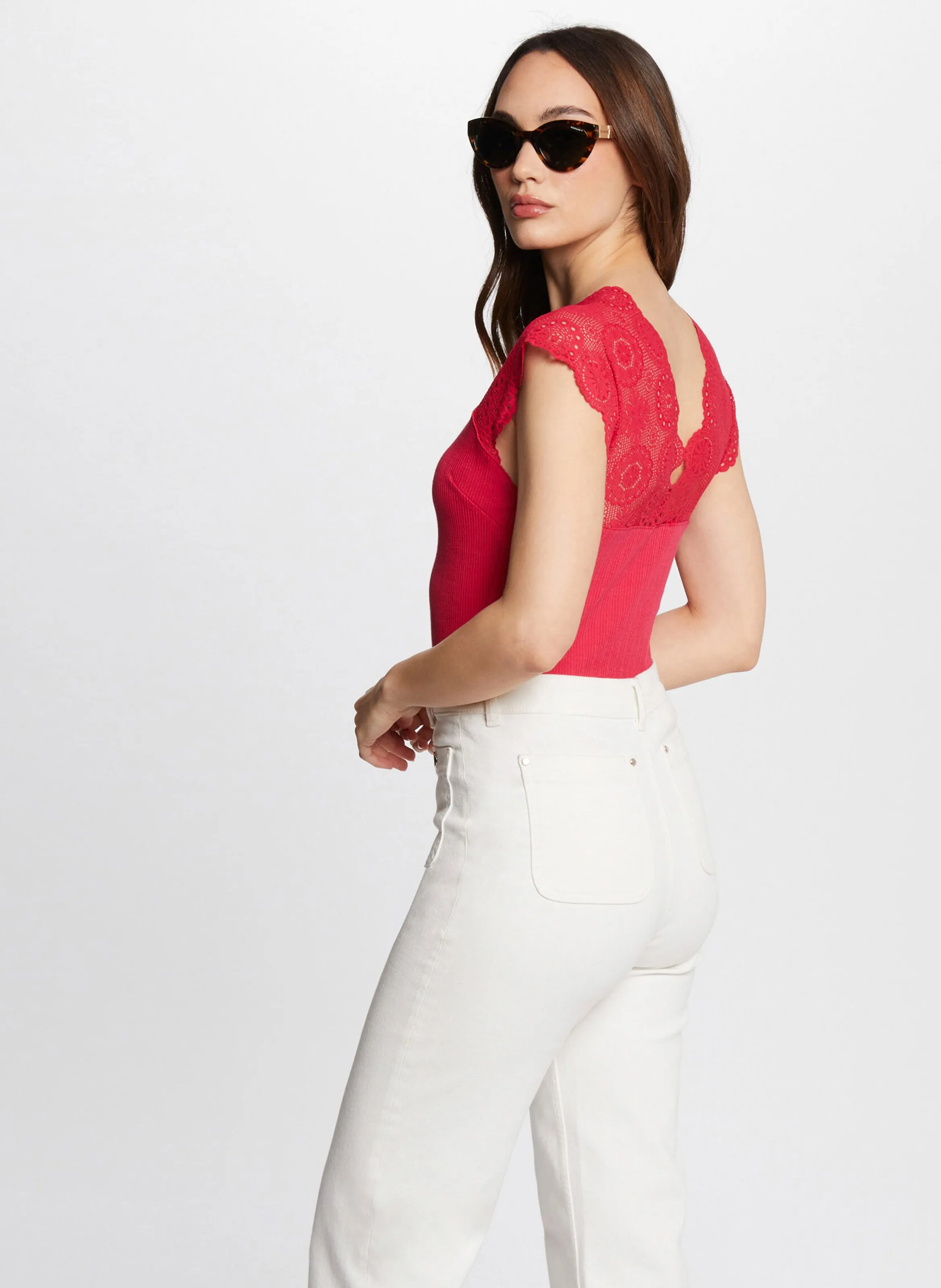  MORGAN   DELOR - T-shirt scollo a V in pizzo | Rosa