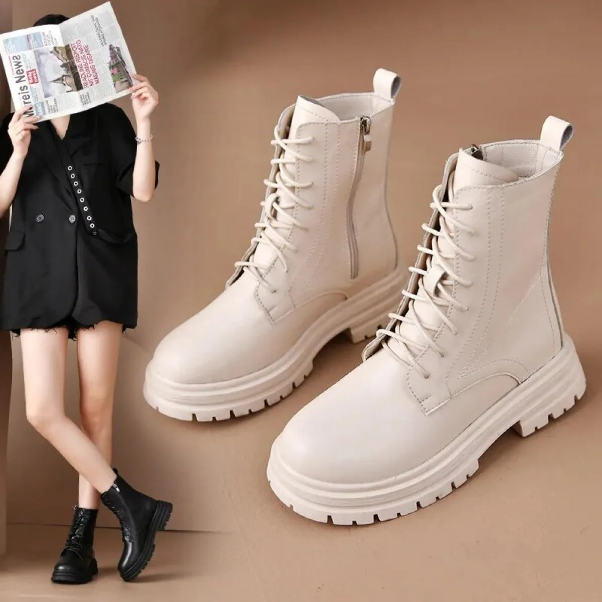 Nuovi stivali a metà polpaccio donna autunno inverno moda stringate stile britannico donna cerniera Botas Mujer stivali piattafo