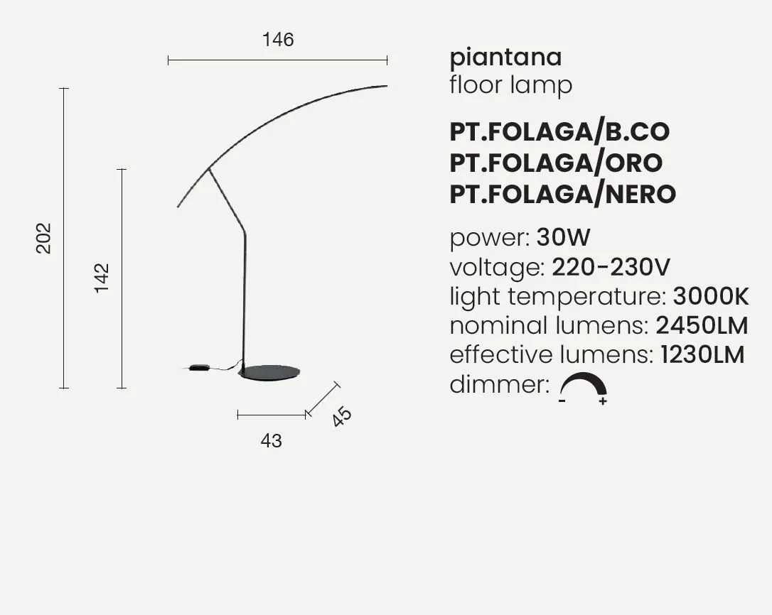Piantana Arco Regolabile Metallo Nero Led Dimmerabile Folaga Ondaluce