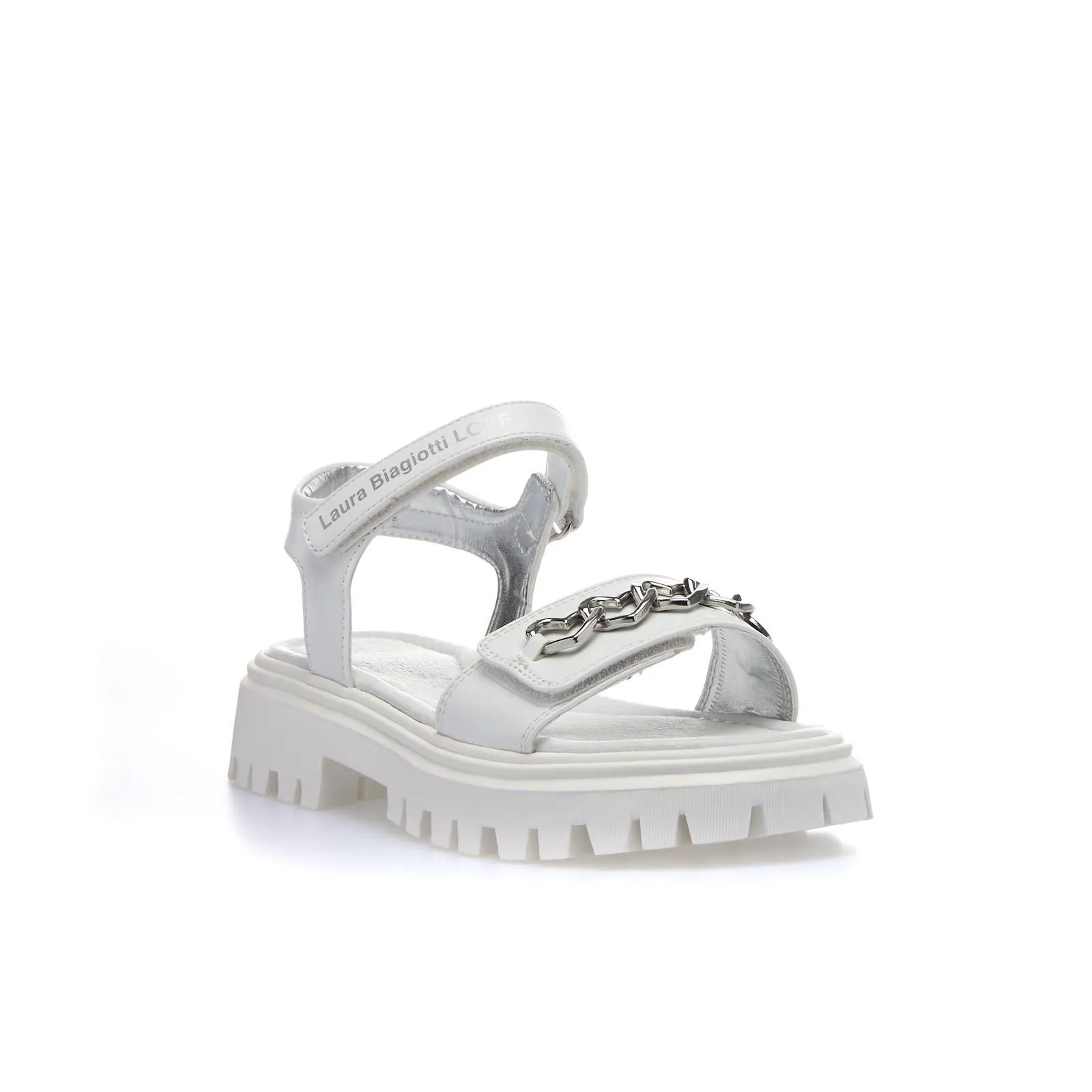Sandali bianchi con velcro e dettaglio catena