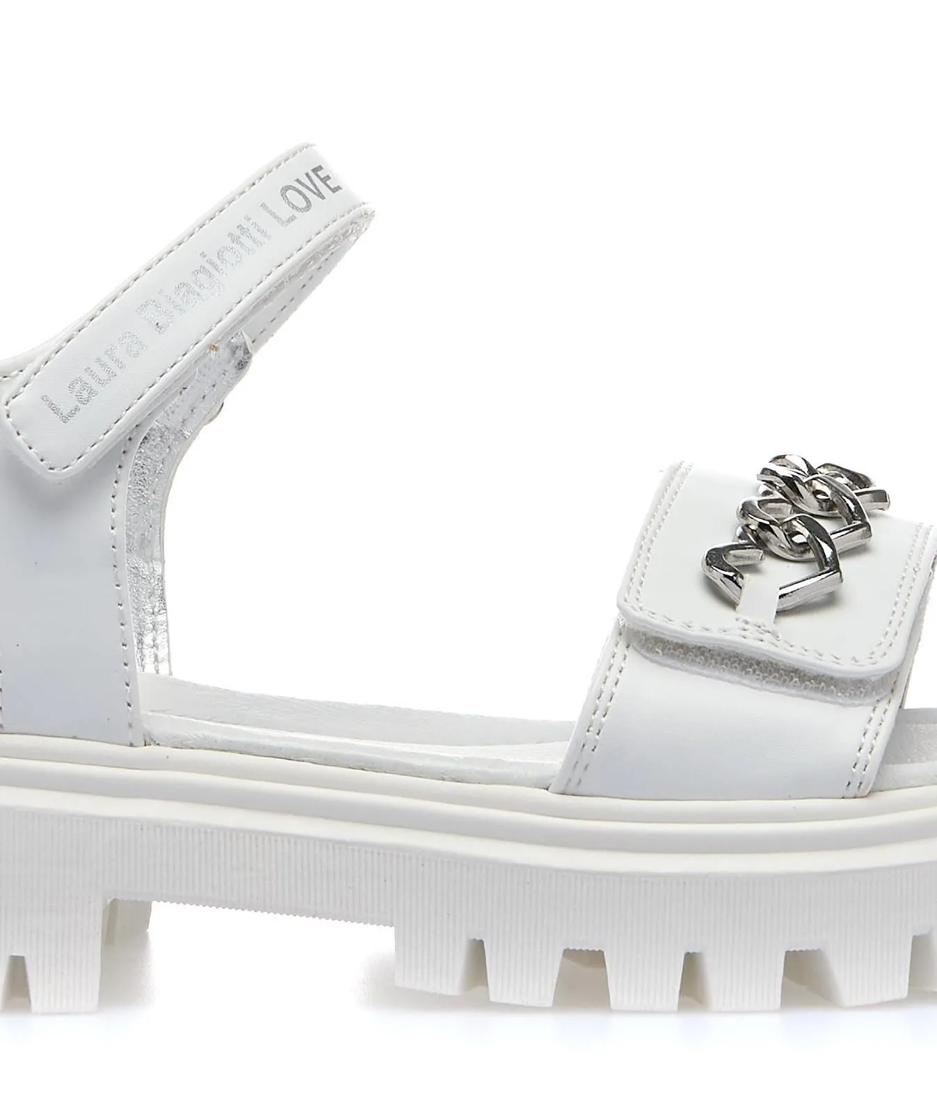 Sandali bianchi con velcro e dettaglio catena