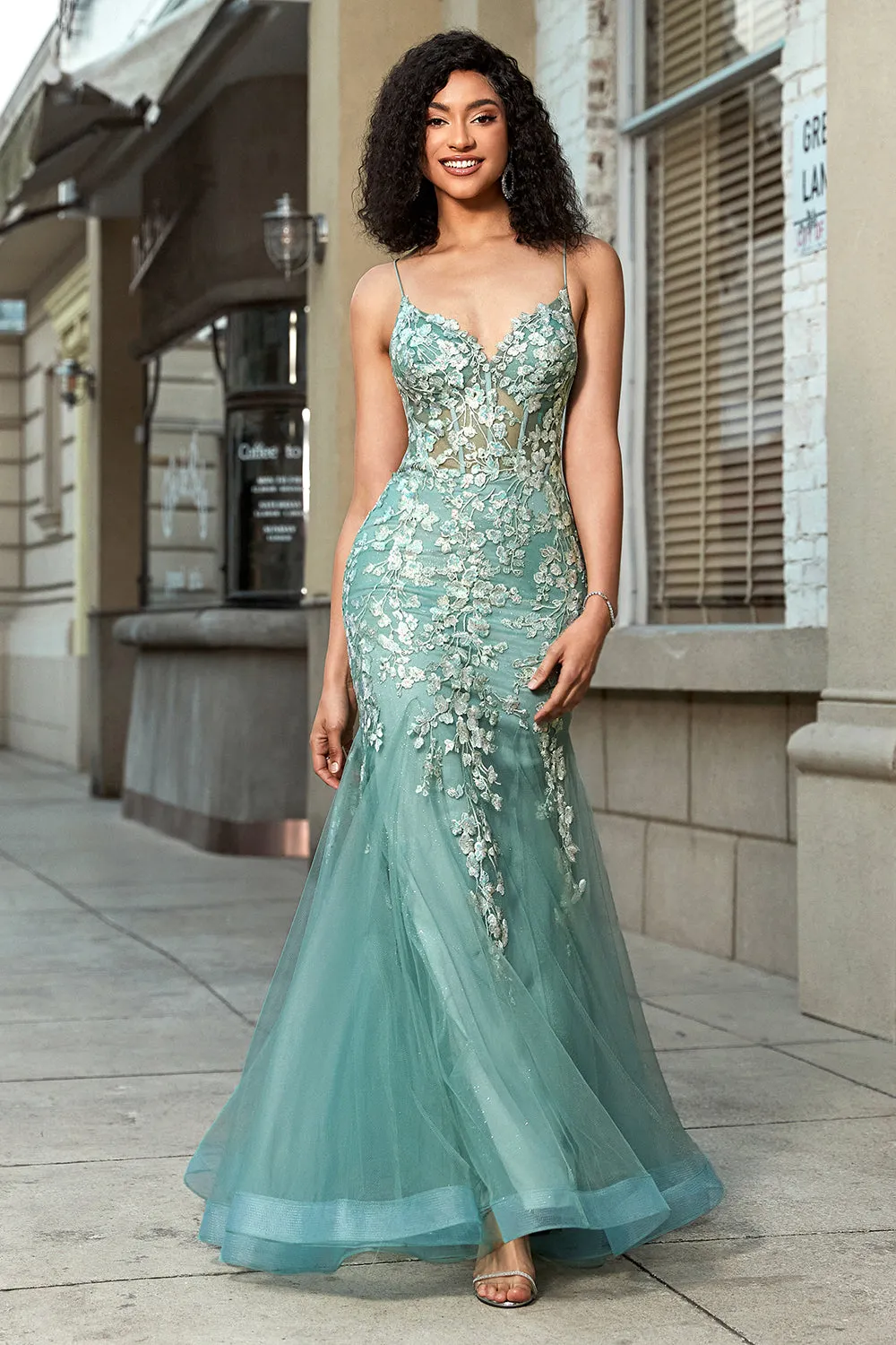 Splendida sirena Spaghetti Straps Abito da ballo corsetto verde chiaro con appliques