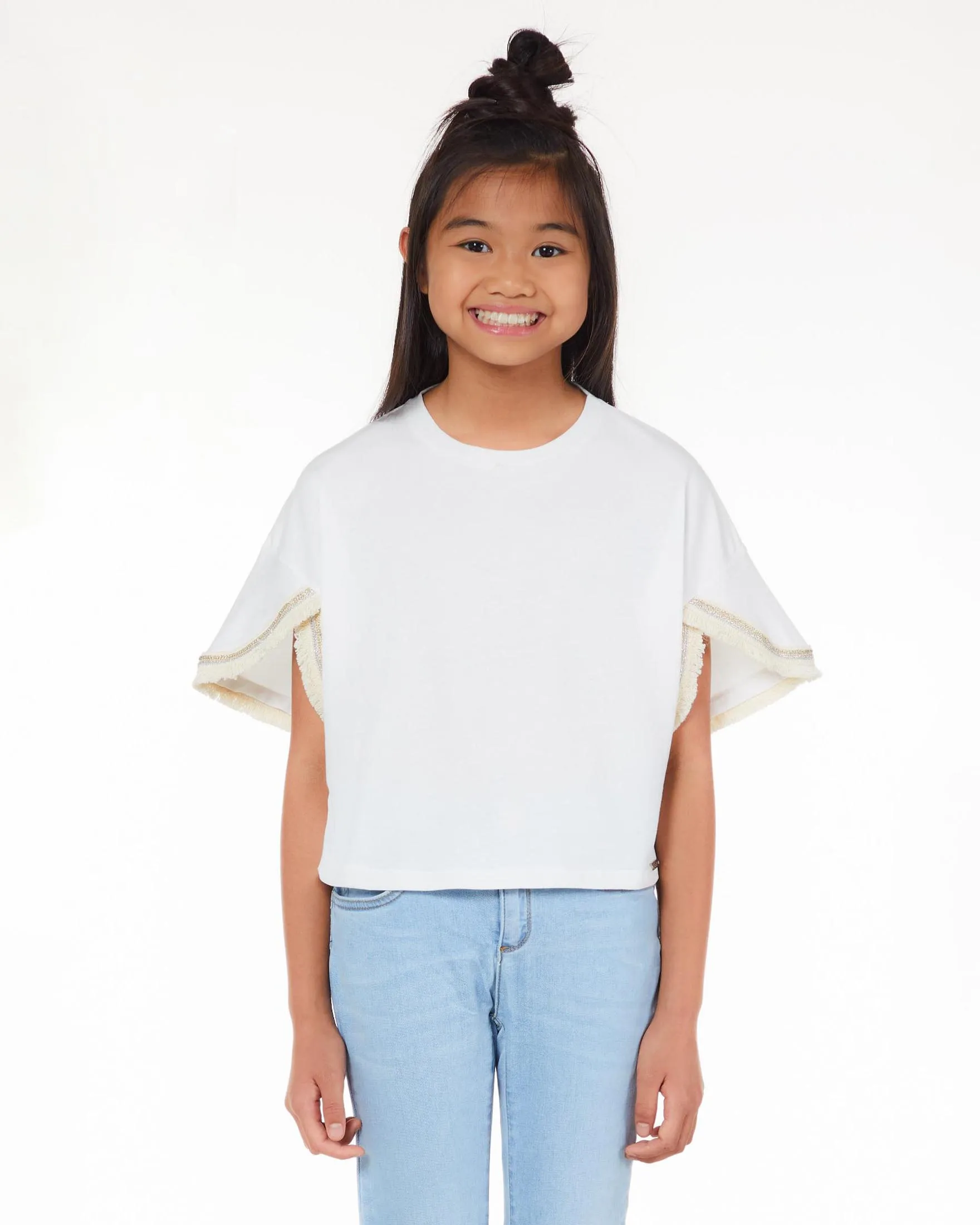 T-shirt bianca con manica a pipistrello in puro cotone con frange e ricami dorati 10-16 anni