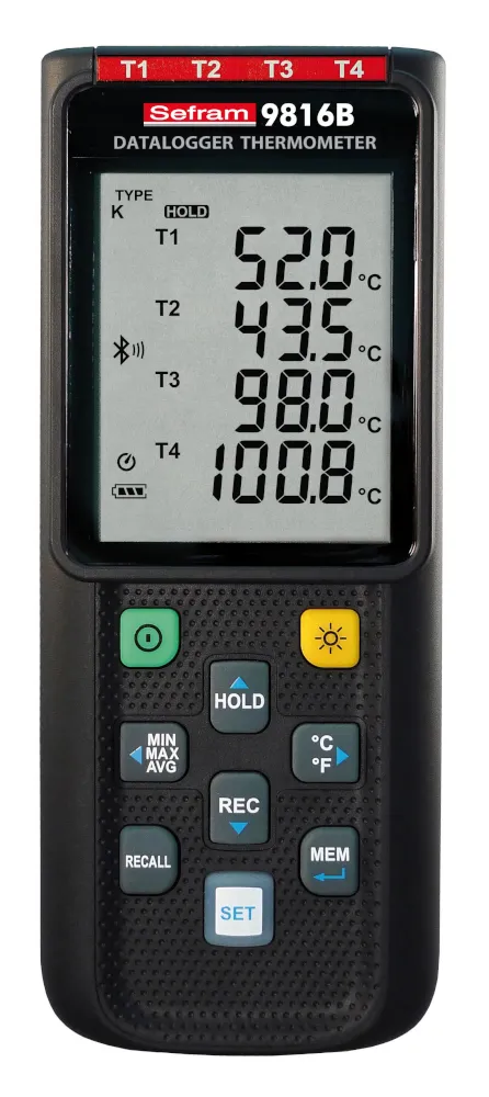 Termometro digitale Sefram SEFRAM9816B, sonda E, J, K, N, R, S, T, 4 ingressi, +1767°C max , Cert. ISO