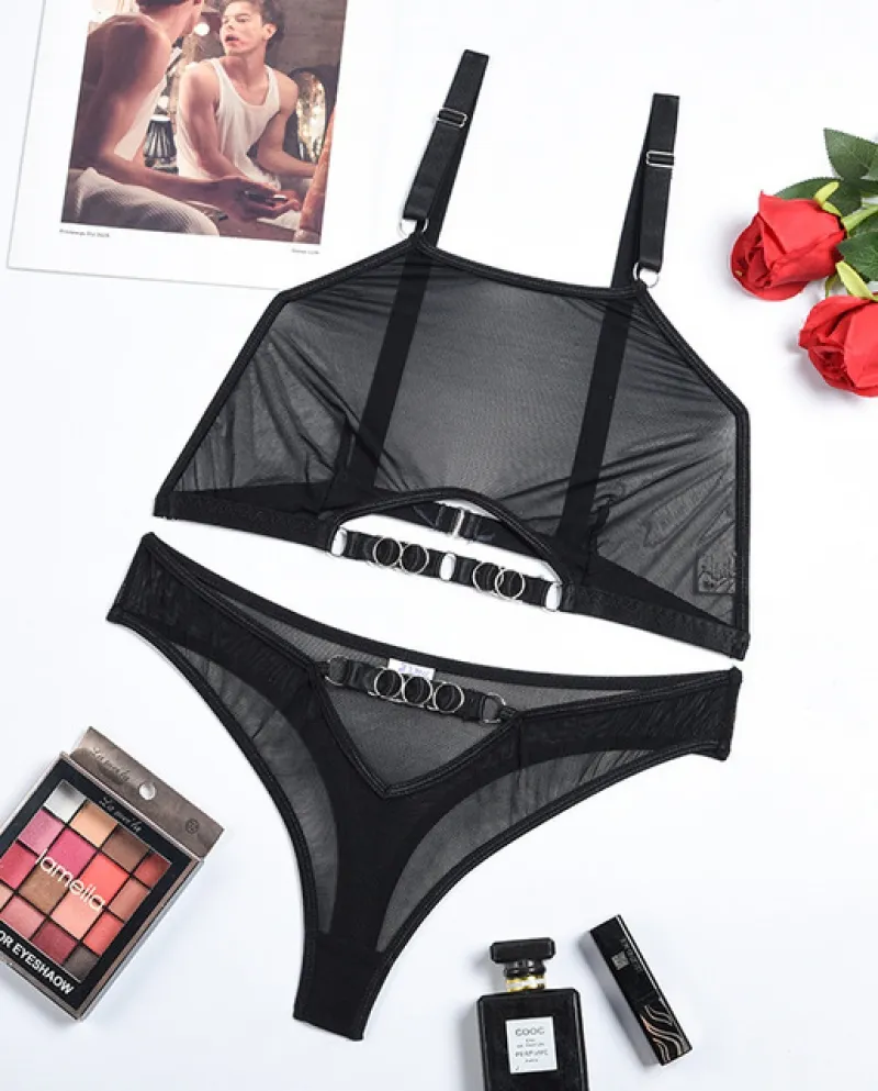 Yimunancy Set di Lingerie in Rete da 2 Pezzi Set da Donna Trasparente con Cavezza Senza Fili Set Esotico Nero Cut-Out Brief Kit